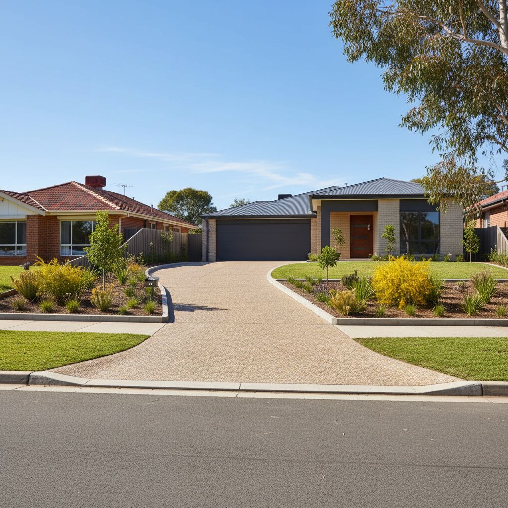 Completed exposed-aggregate driveway from the street